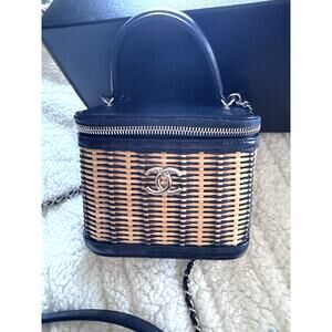 Authenticated Chanel Vanity Wicker Bag – Excellent Condition Rare Navy Blue